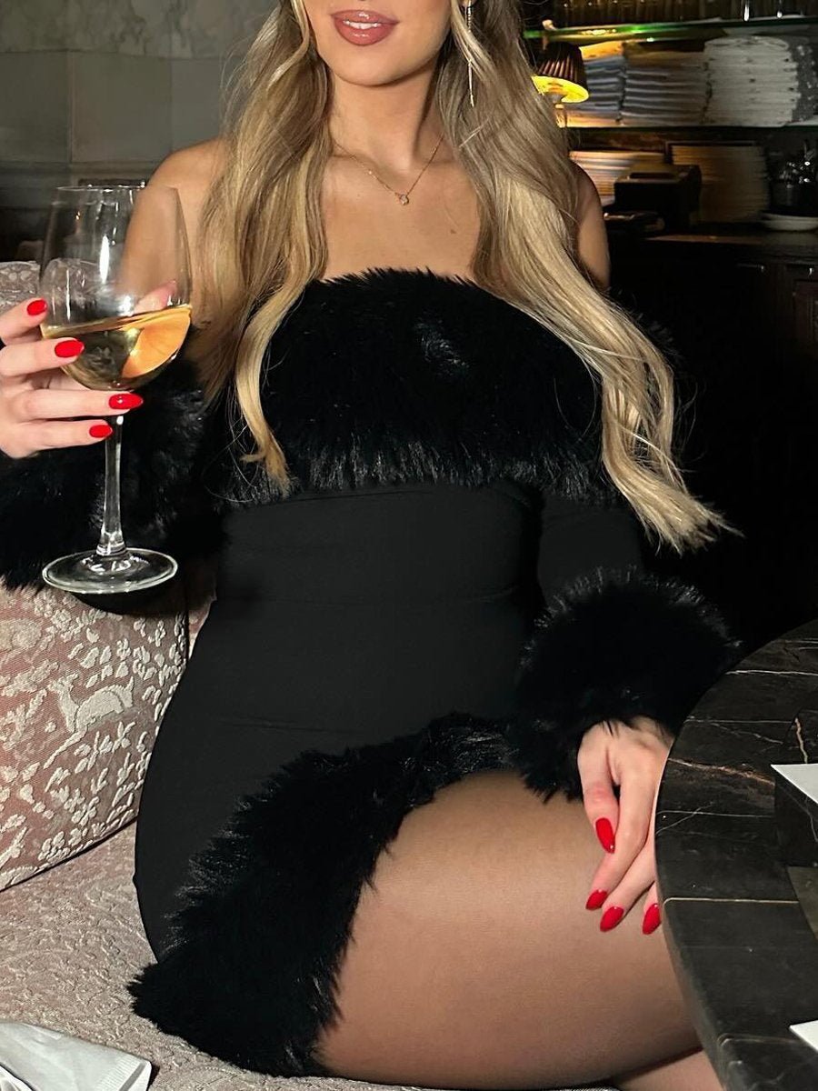 Fashion Fur Collar Long Sleeve Dress - laseze