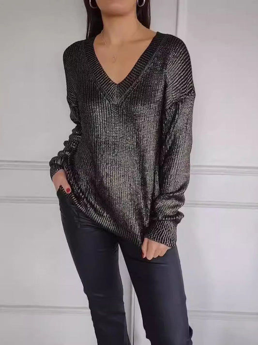 Fashion Knitted V-neck Shiny Sweater speciaic