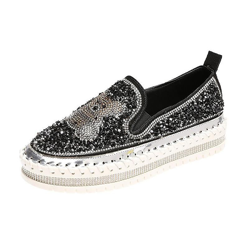 Fashion Rhinestone Sequins Bear Hand - stitched Casual Flat Shoes - laseze