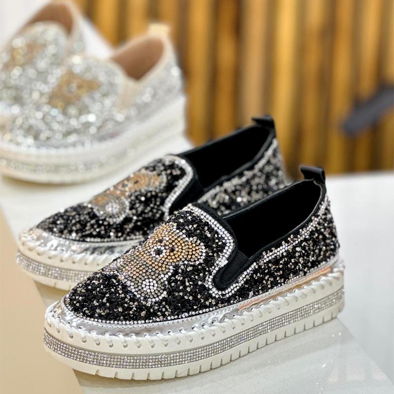 Fashion Rhinestone Sequins Bear Hand - stitched Casual Flat Shoes - laseze