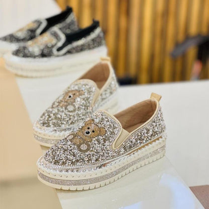 Fashion Rhinestone Sequins Bear Hand - stitched Casual Flat Shoes - laseze