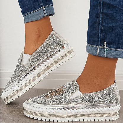 Fashion Rhinestone Sequins Bear Hand - stitched Casual Flat Shoes - laseze