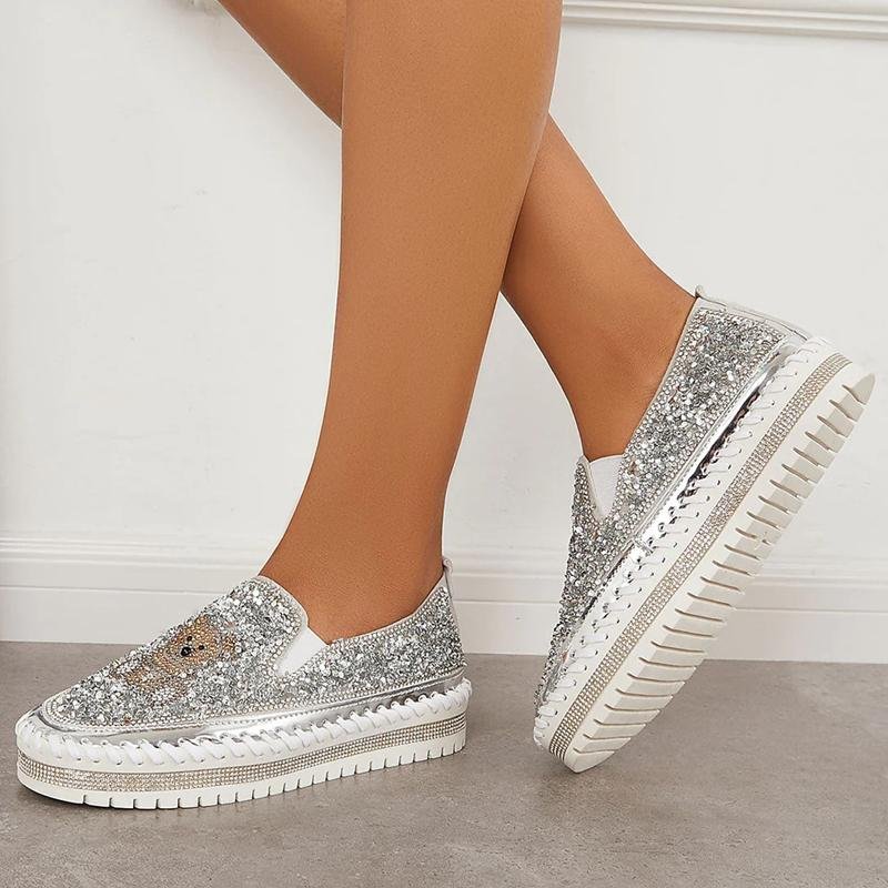 Fashion Rhinestone Sequins Bear Hand - stitched Casual Flat Shoes - laseze