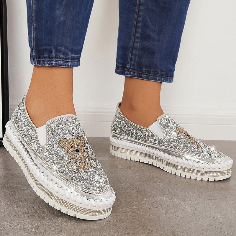 Fashion Rhinestone Sequins Bear Hand - stitched Casual Flat Shoes - laseze