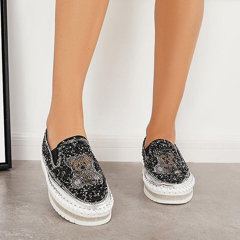 Fashion Rhinestone Sequins Bear Hand - stitched Casual Flat Shoes - laseze