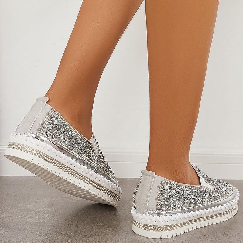 Fashion Rhinestone Sequins Bear Hand - stitched Casual Flat Shoes - laseze