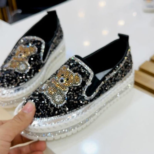 Fashion Rhinestone Sequins Bear Hand - stitched Casual Flat Shoes - laseze