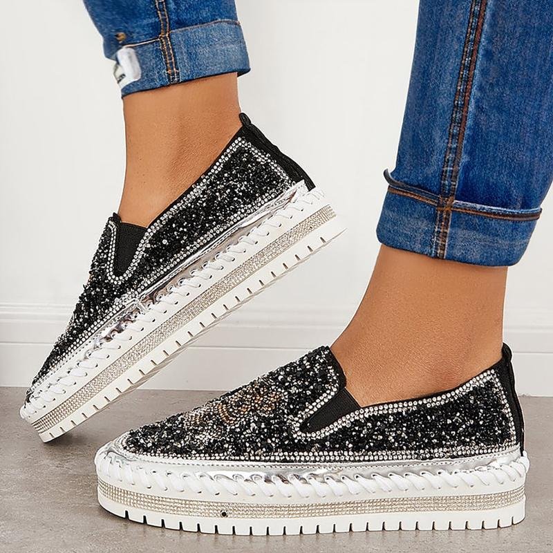 Fashion Rhinestone Sequins Bear Hand - stitched Casual Flat Shoes - laseze