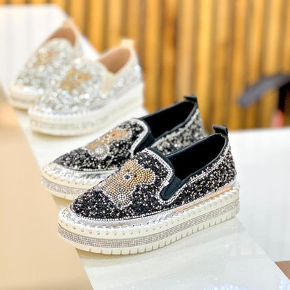 Fashion Rhinestone Sequins Bear Hand - stitched Casual Flat Shoes - laseze