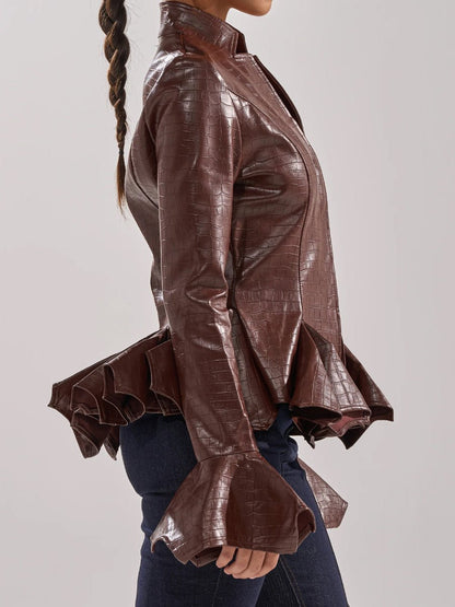 Faux Crocodile Leather Flared Cuffs Jacket laseze