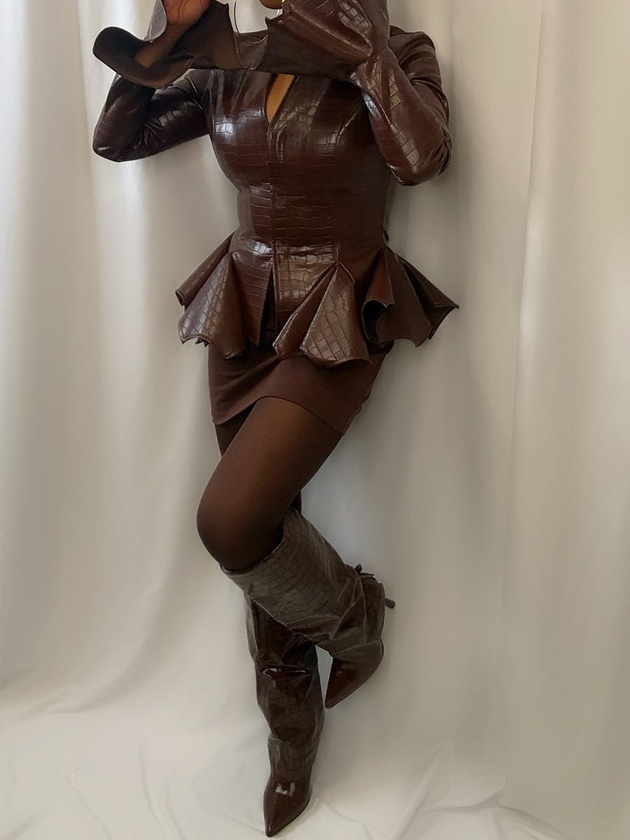 Faux Crocodile Leather Flared Cuffs Jacket laseze