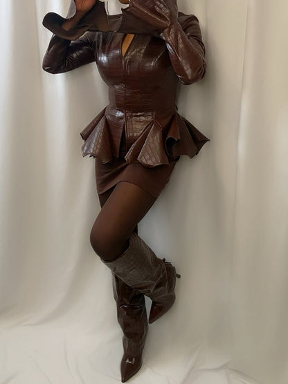 Faux Crocodile Leather Flared Cuffs Jacket laseze