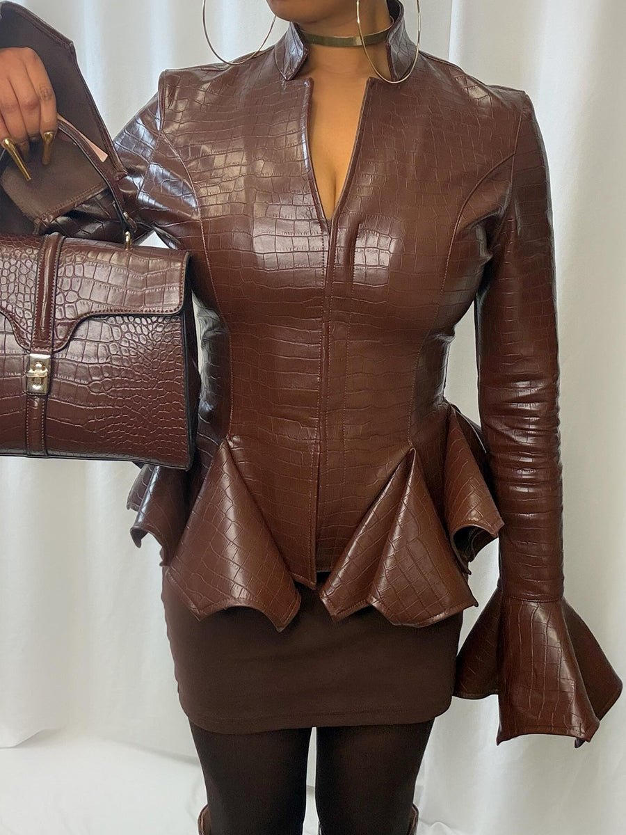 Faux Crocodile Leather Flared Cuffs Jacket laseze