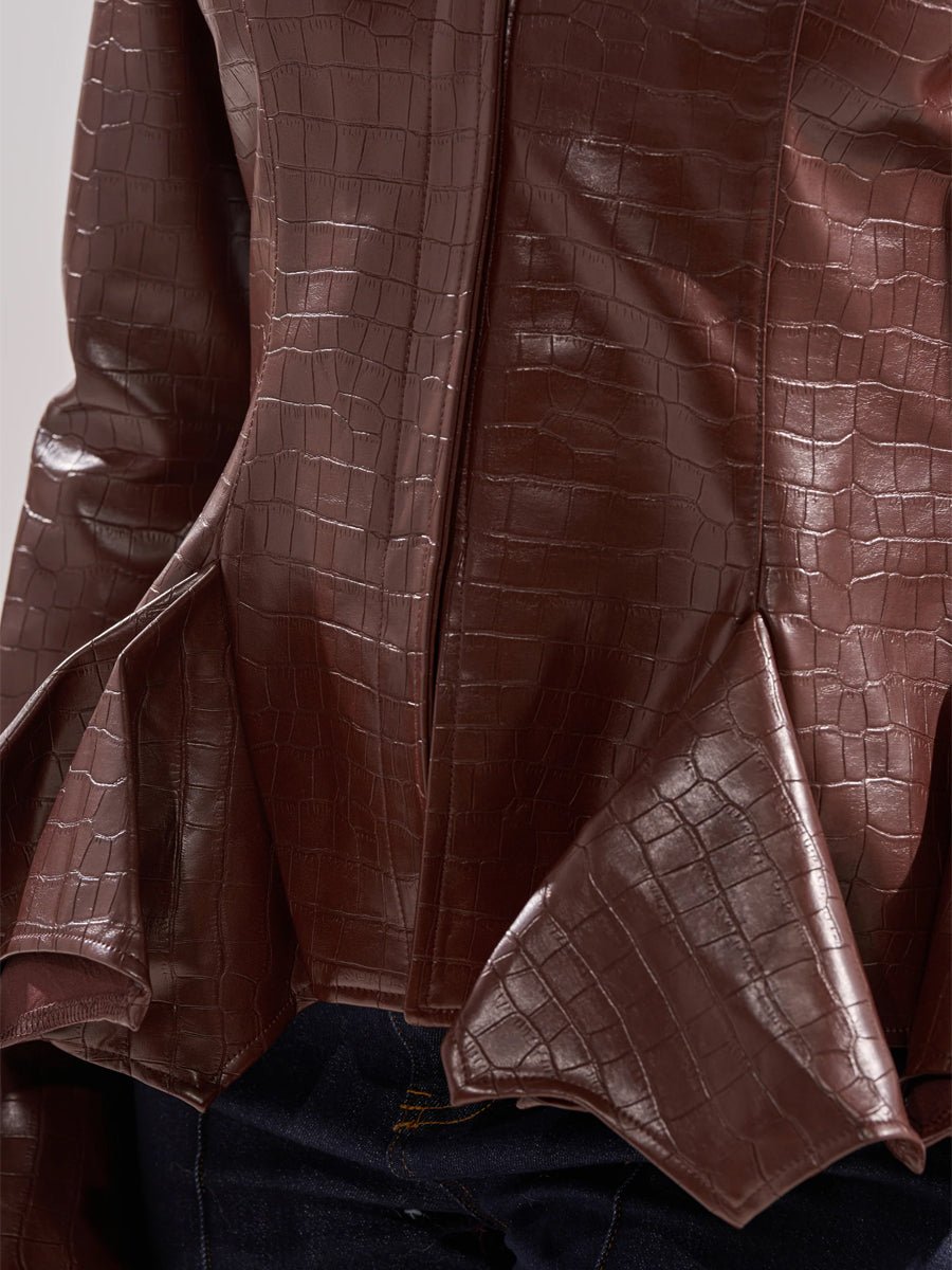 Faux Crocodile Leather Flared Cuffs Jacket laseze