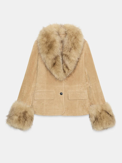 Faux Fur Suede Leather Fitted Blazer fashgoods