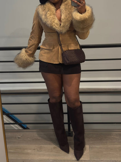 Faux Fur Suede Leather Fitted Blazer fashgoods