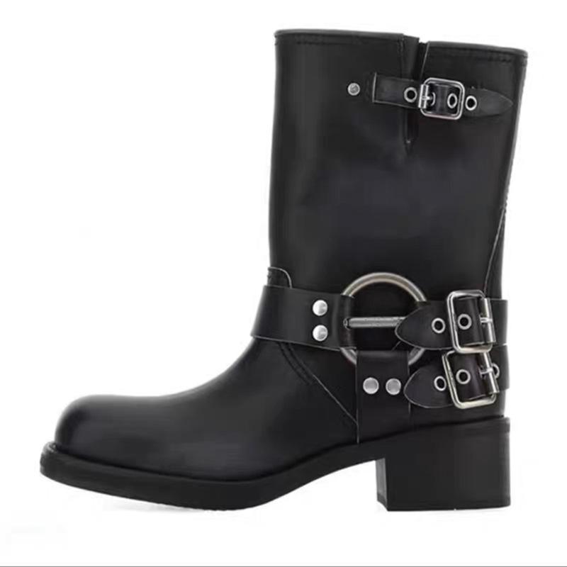 Faux Leather Buckle Strap Mid Calf Boots - laseze