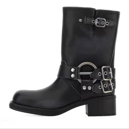 Faux Leather Buckle Strap Mid Calf Boots - laseze