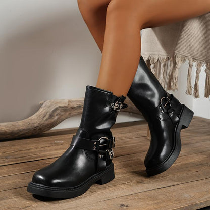 Faux Leather Buckle Strap Mid Calf Boots - laseze