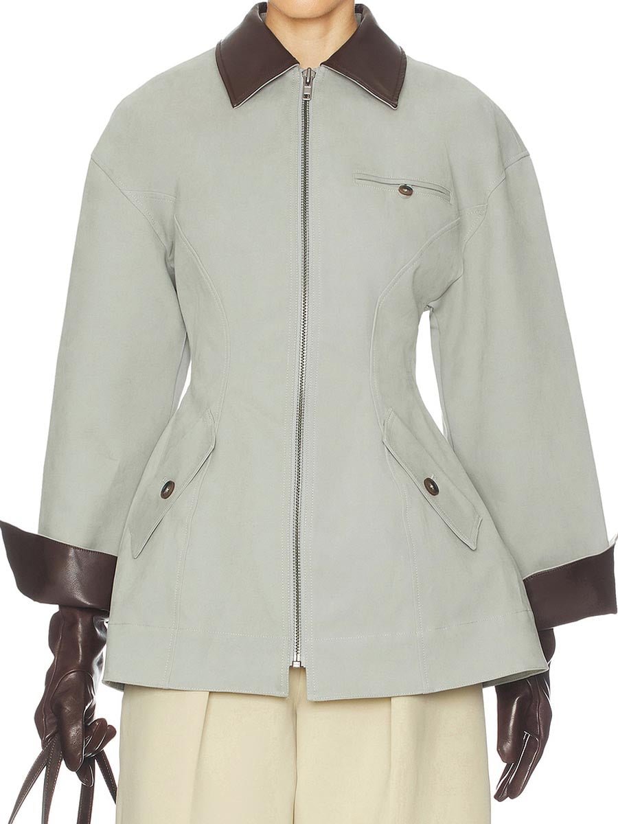 Faux Leather Collar Patchwork Zip Up Jacket laseze