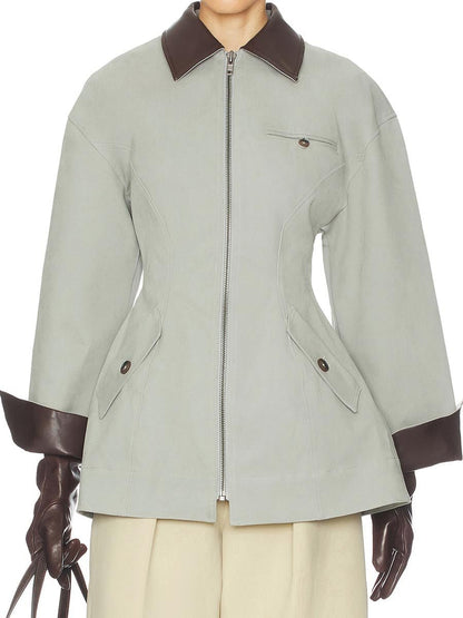 Faux Leather Collar Patchwork Zip Up Jacket laseze