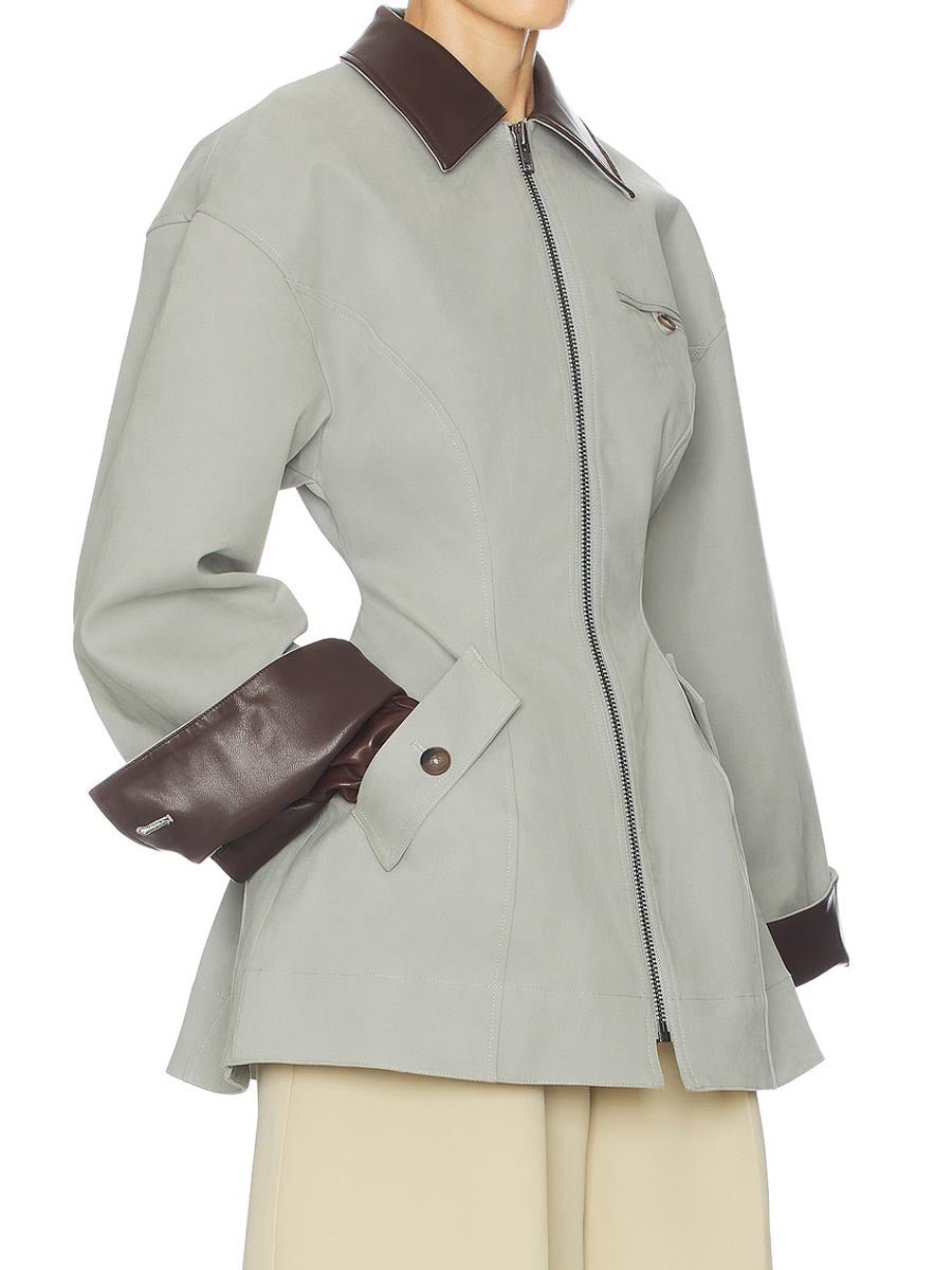 Faux Leather Collar Patchwork Zip Up Jacket laseze