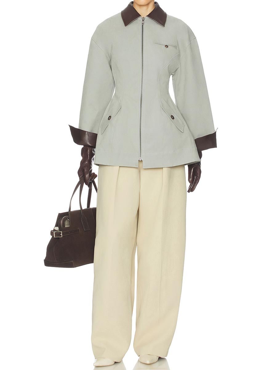 Faux Leather Collar Patchwork Zip Up Jacket laseze