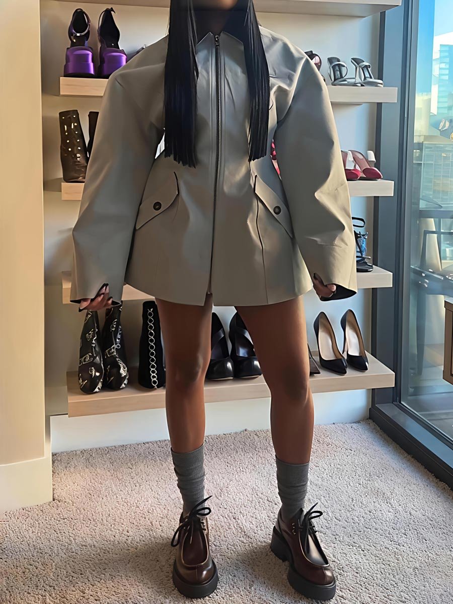 Faux Leather Collar Patchwork Zip Up Jacket laseze