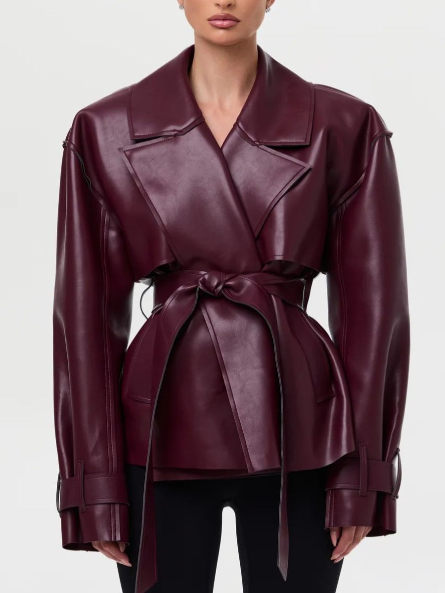 Faux Leather Crop Trench Coat laseze