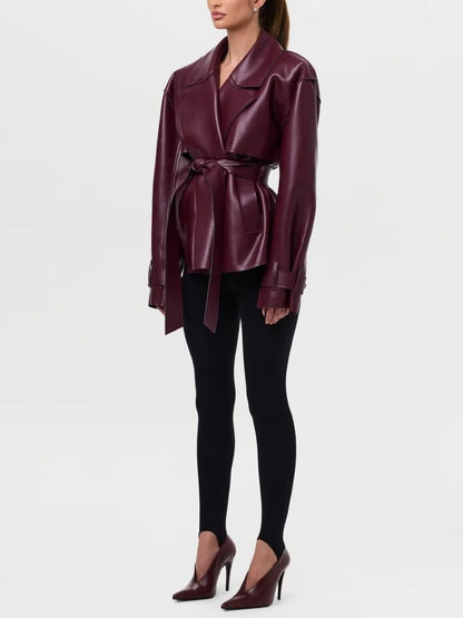 Faux Leather Crop Trench Coat laseze