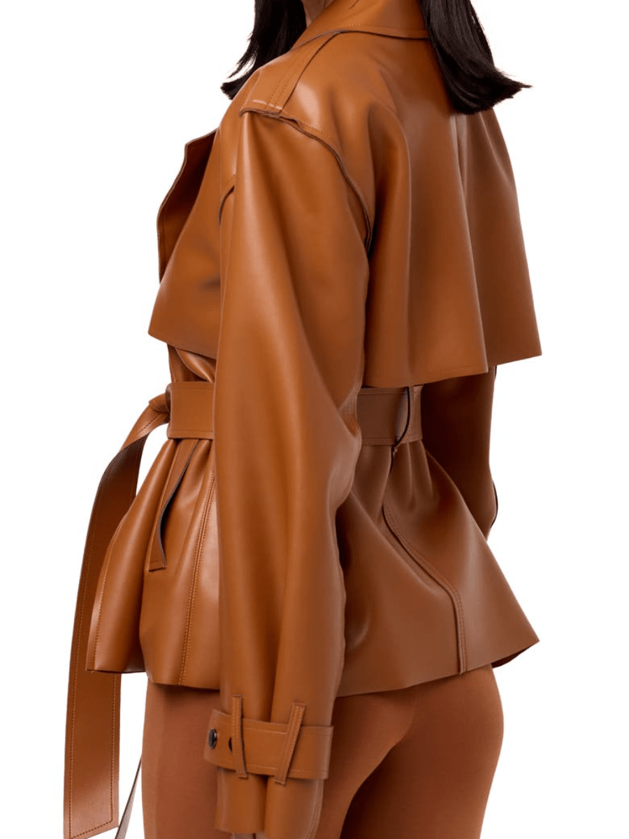 Faux Leather Crop Trench Coat laseze