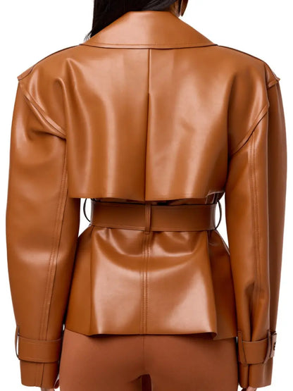 Faux Leather Crop Trench Coat laseze