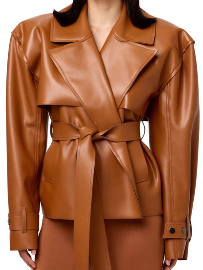 Faux Leather Crop Trench Coat laseze