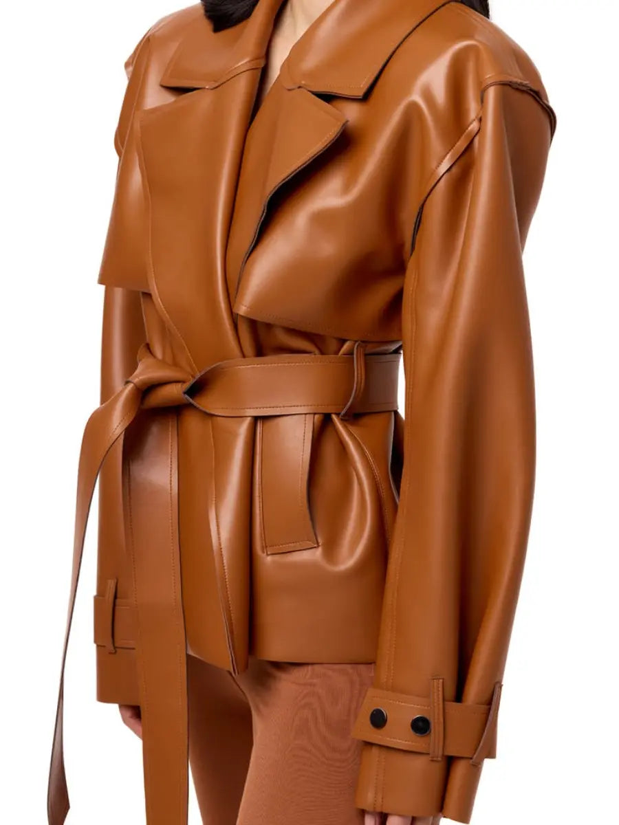 Faux Leather Crop Trench Coat laseze
