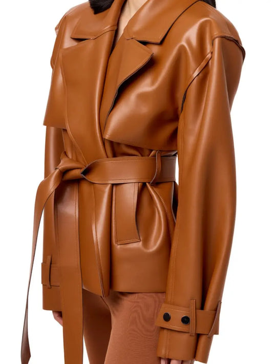 Faux Leather Crop Trench Coat laseze