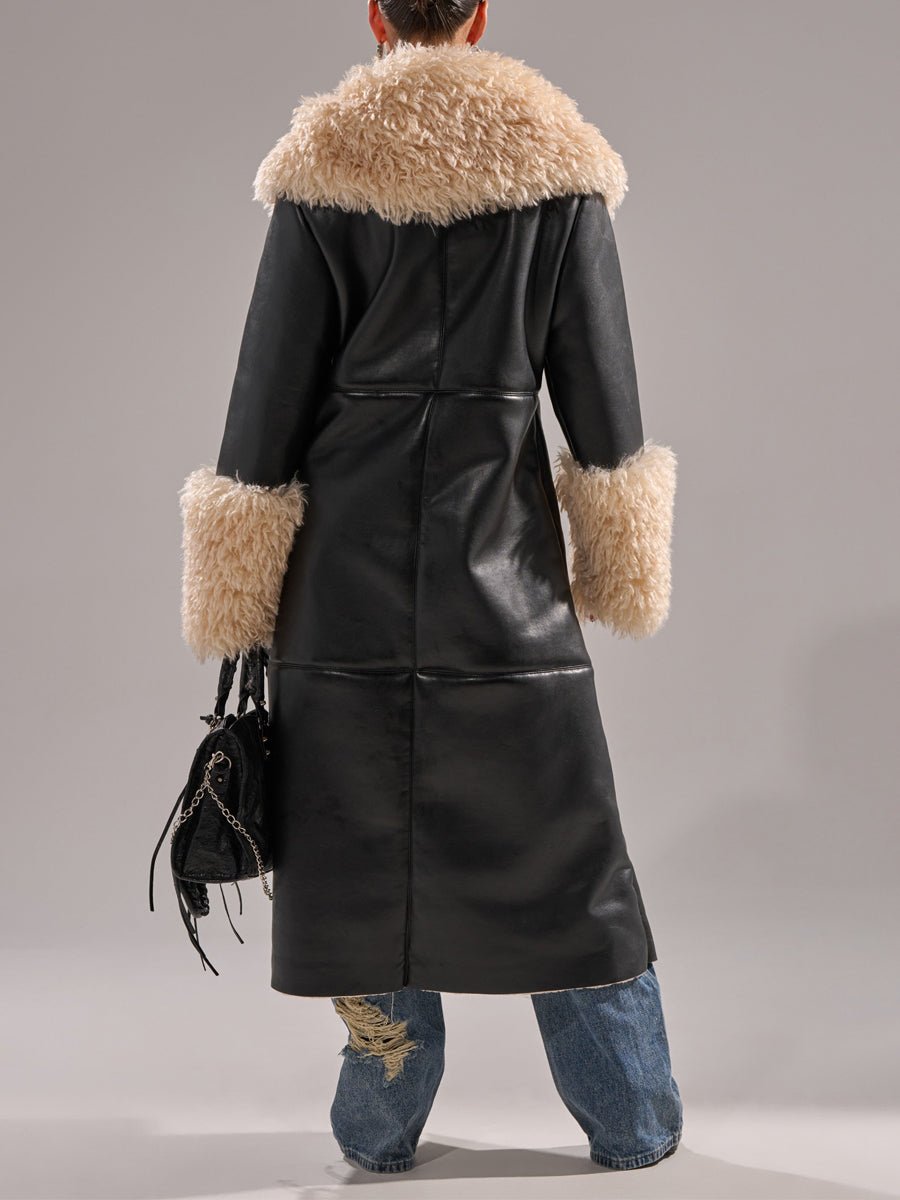 Faux Leather Faux Sherpa Trim Trench Coat laseze