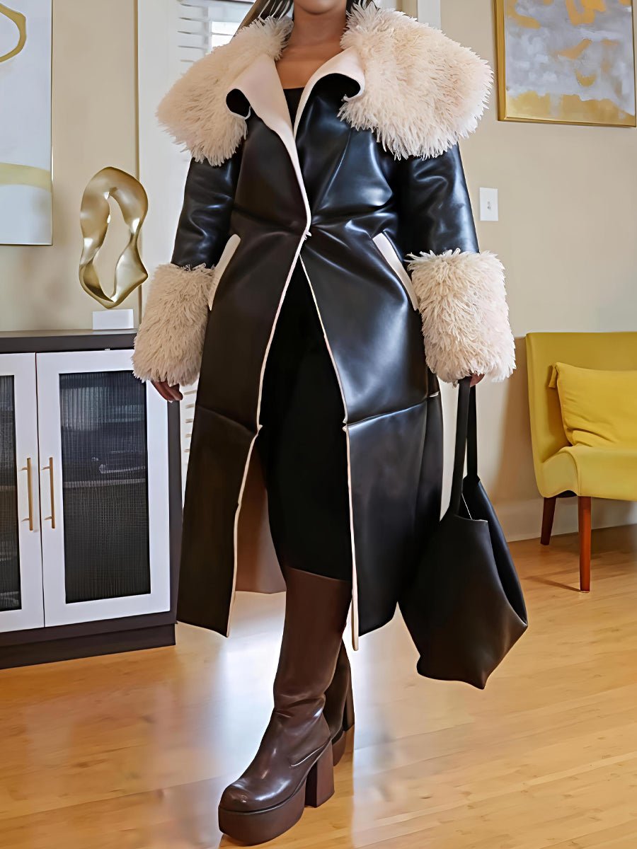 Faux Leather Faux Sherpa Trim Trench Coat laseze