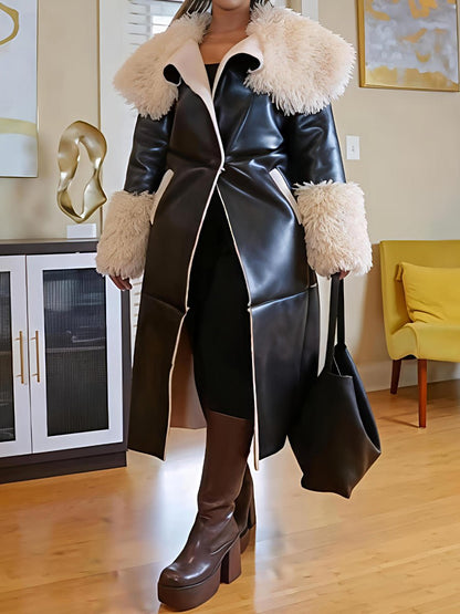 Faux Leather Faux Sherpa Trim Trench Coat laseze