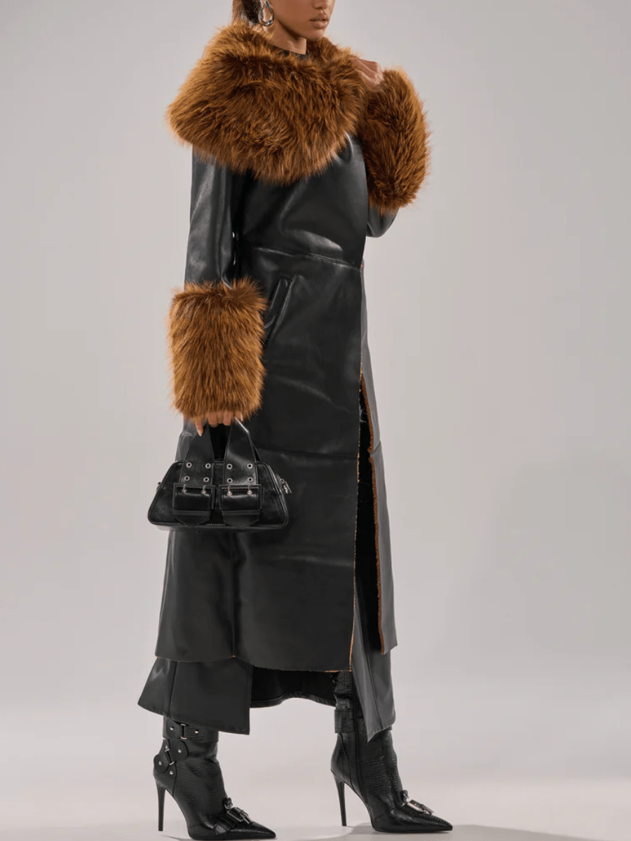 Faux Leather Faux Sherpa Trim Trench Coat laseze