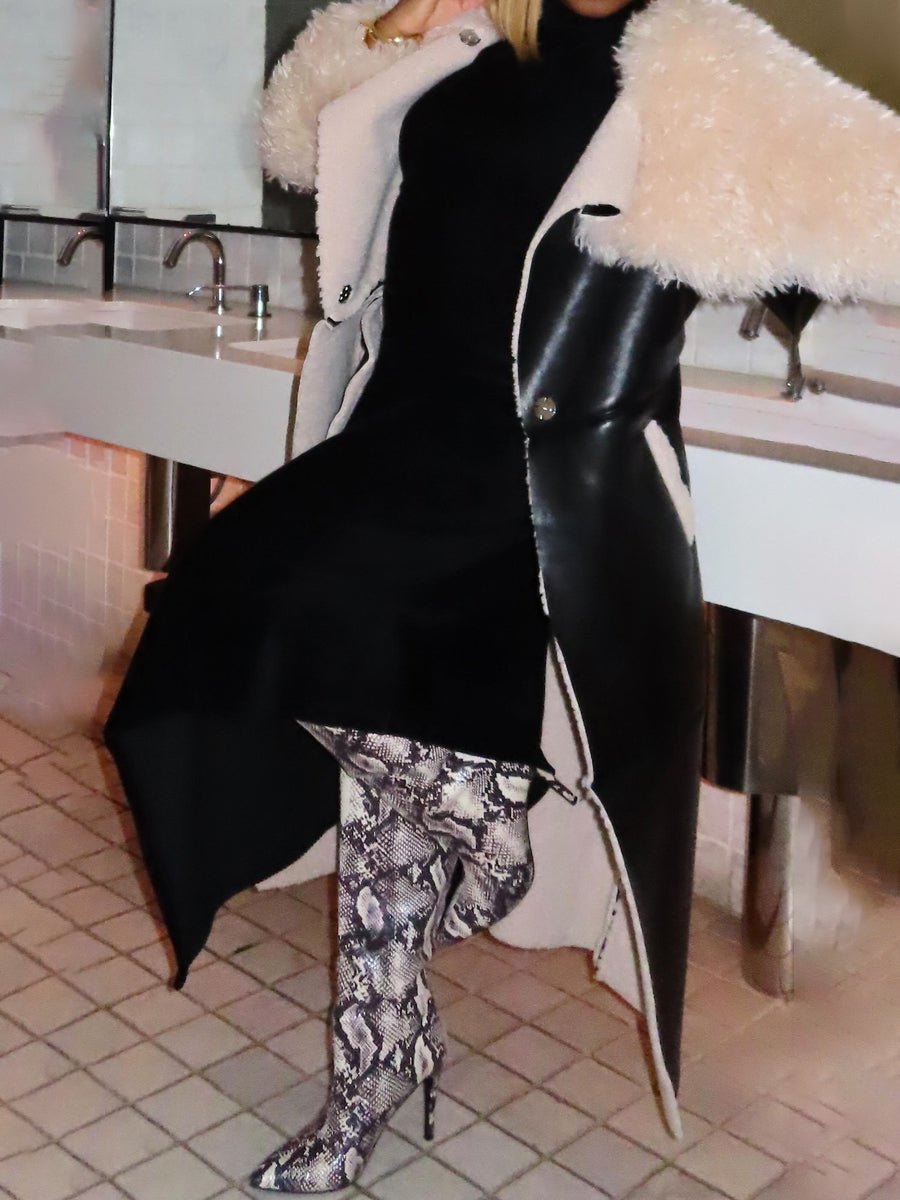 Faux Leather Faux Sherpa Trim Trench Coat laseze