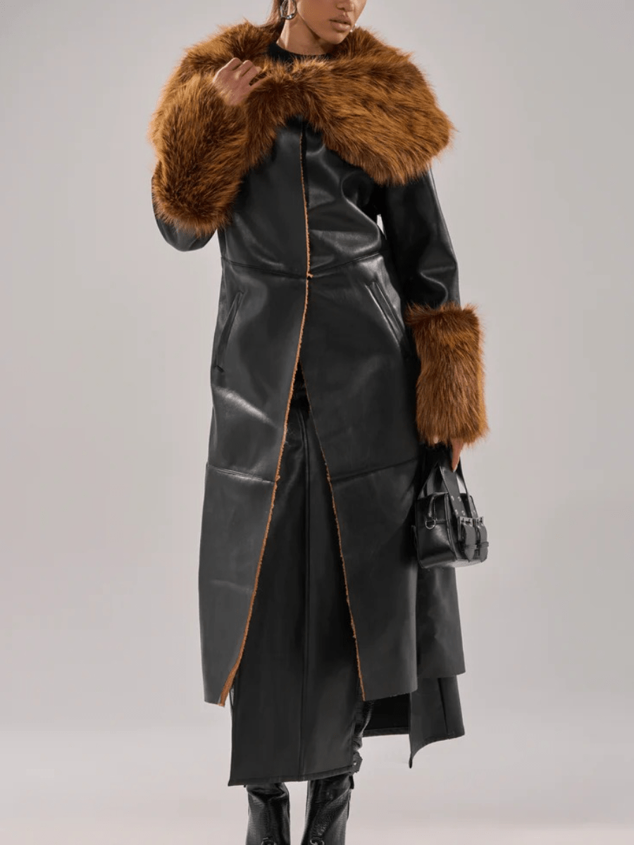 Faux Leather Faux Sherpa Trim Trench Coat laseze