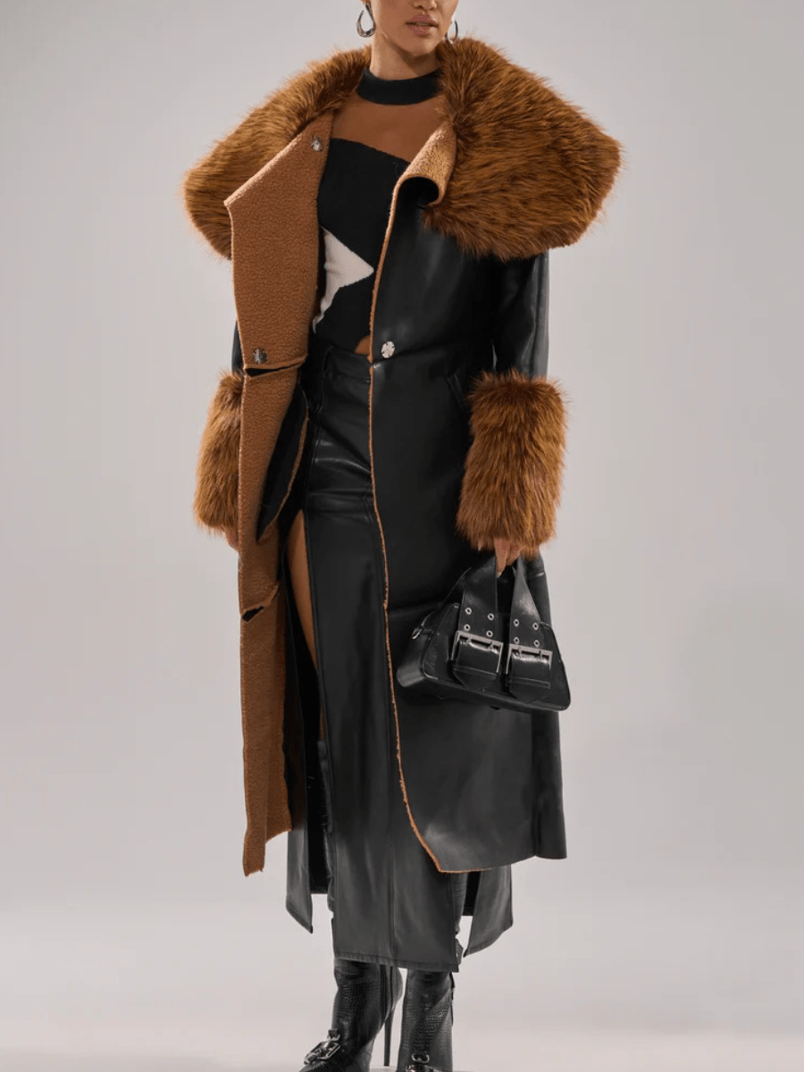 Faux Leather Faux Sherpa Trim Trench Coat laseze