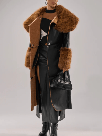 Faux Leather Faux Sherpa Trim Trench Coat laseze