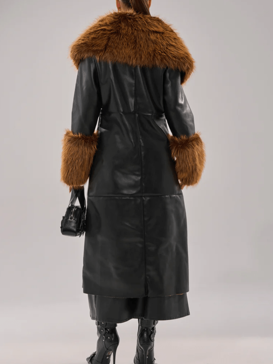 Faux Leather Faux Sherpa Trim Trench Coat laseze