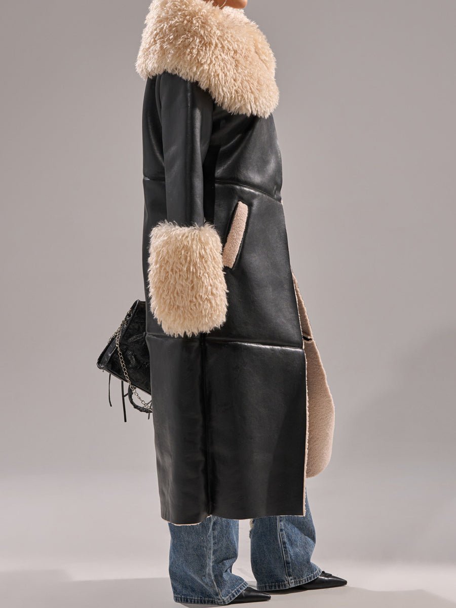 Faux Leather Faux Sherpa Trim Trench Coat laseze