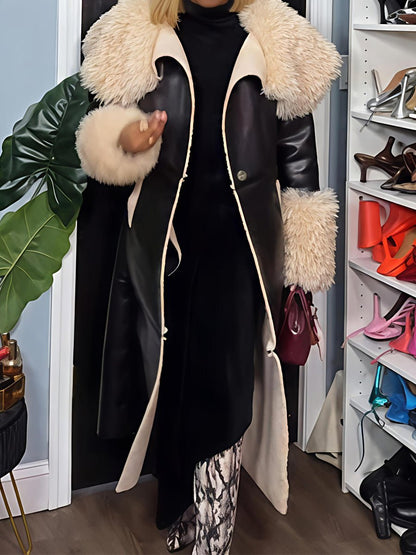 Faux Leather Faux Sherpa Trim Trench Coat laseze