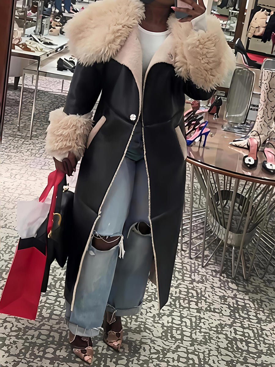 Faux Leather Faux Sherpa Trim Trench Coat laseze