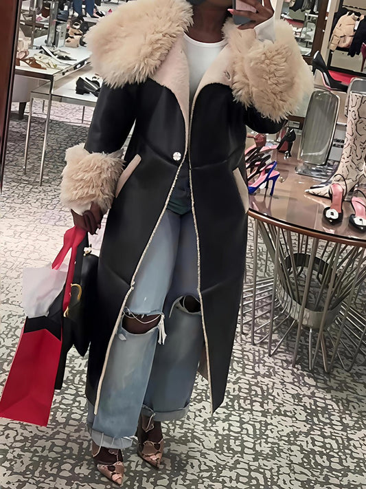 Faux Leather Faux Sherpa Trim Trench Coat laseze