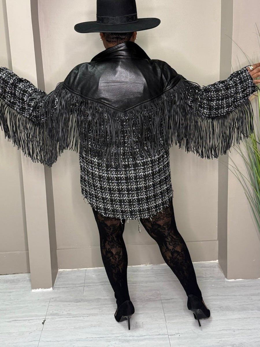 Faux Leather Trim Tweed Shacket laseze