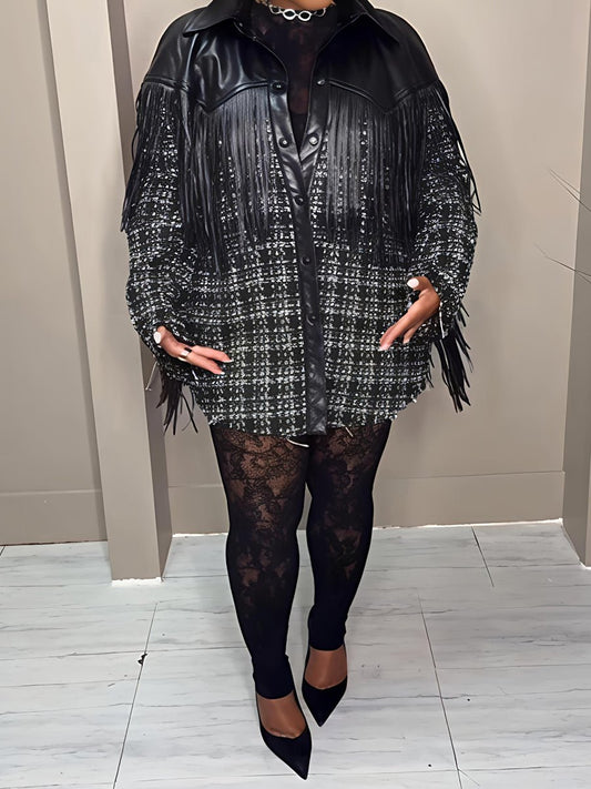 Faux Leather Trim Tweed Shacket laseze